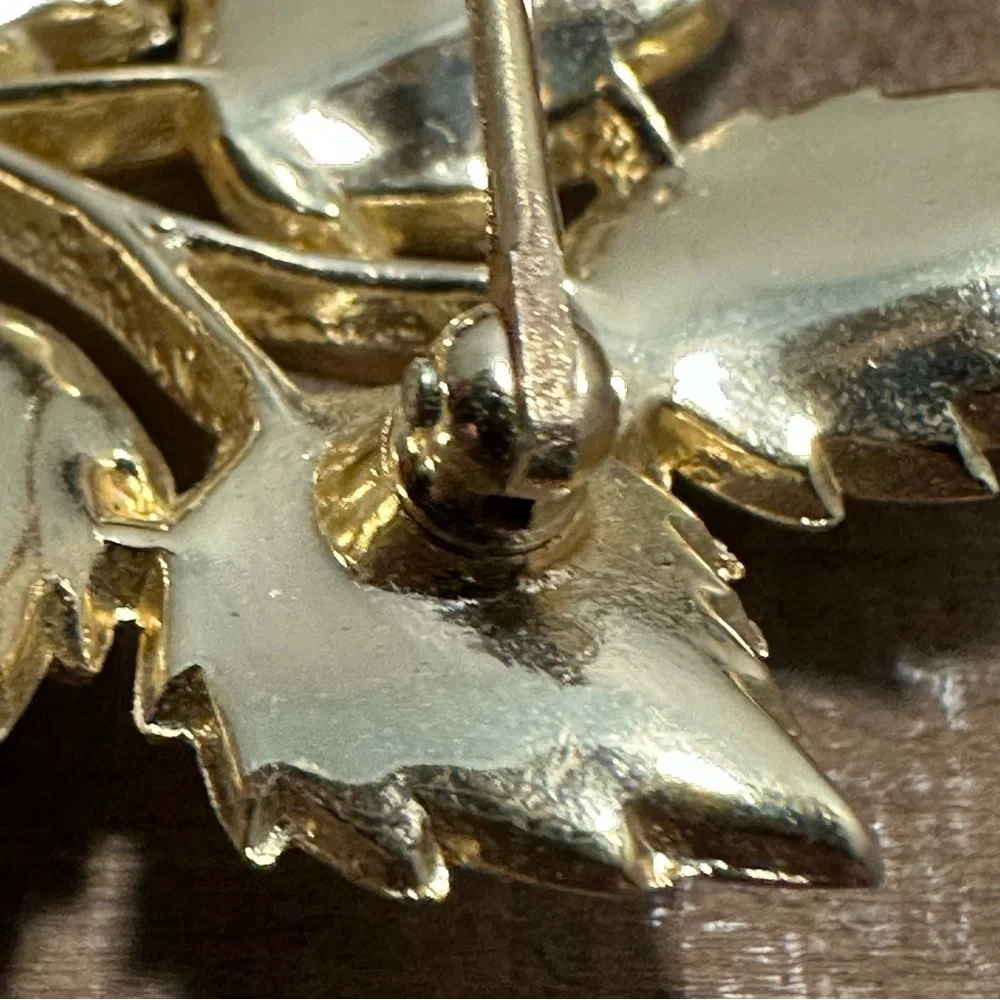 Trifari Vintage Brooch- White Enamel Leaves- Crown Trifari